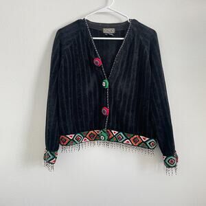 Vintage Berek S Sweater Black Chenille Cardigan Beaded Fringe Evil Eye Button